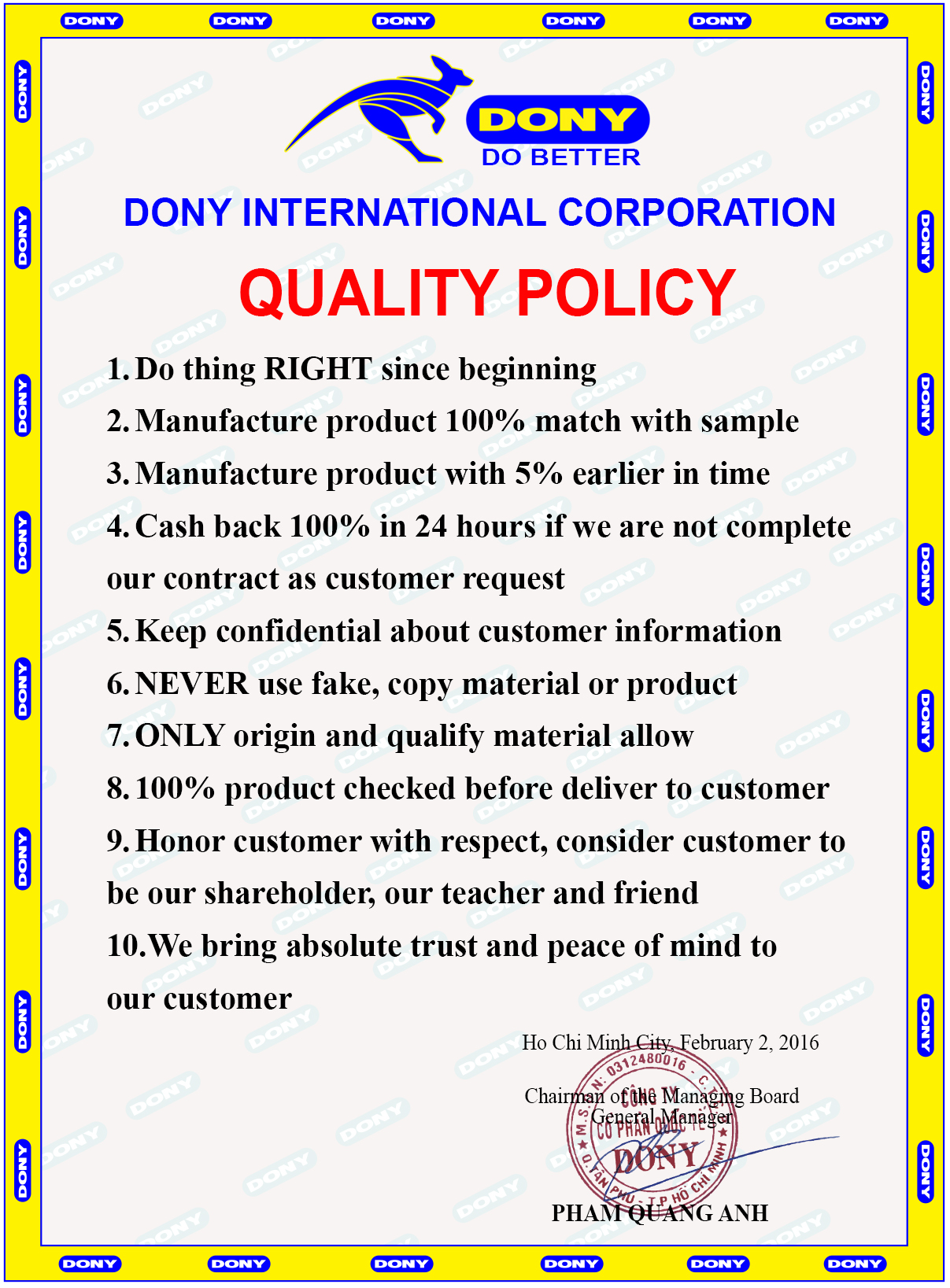 Quality policy dony company garment vietnam