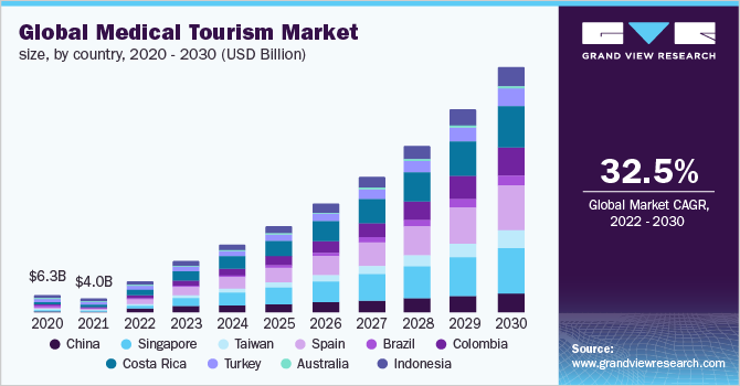 Global medical tourism market size, by country, 2020 - 2030 (USD Billion)